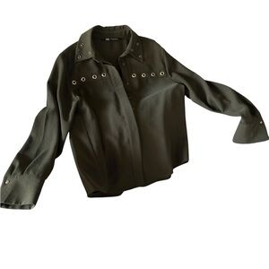 Zara Dark Green Blouse with Eyelet Detail